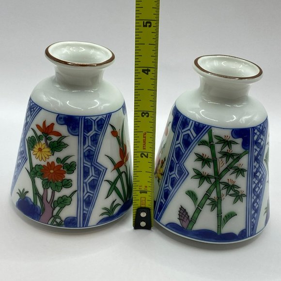 2 Floral Porcelain Japanese Flower Bud Vases Blue White Gold Toned Rim Small 4" - Picture 8 of 12